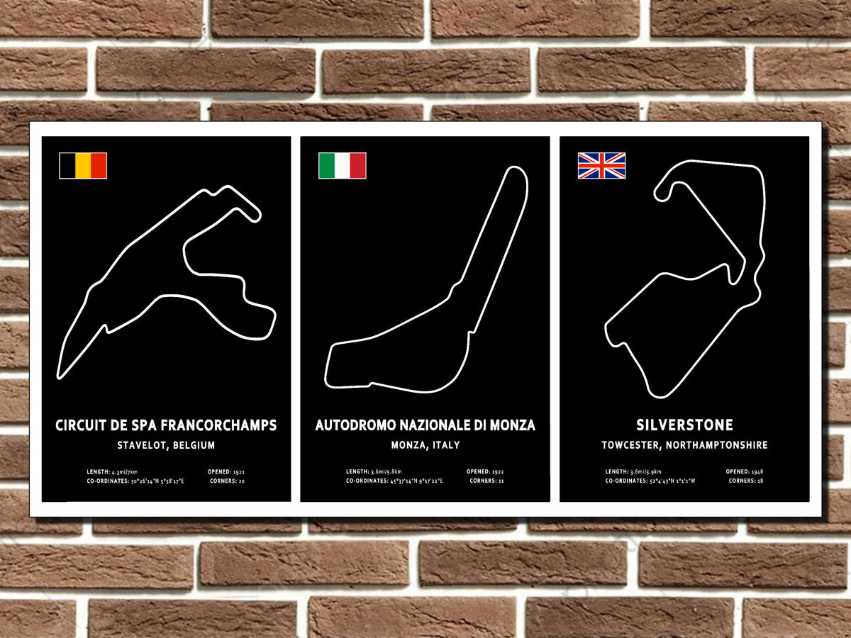 Three racing circuit posters on a brick wall background