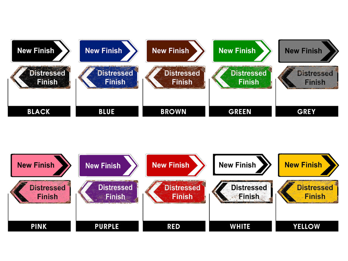 Set of color swatches labeled 'New Finish' and 'Distressed Finish' in various colors on a white background.
