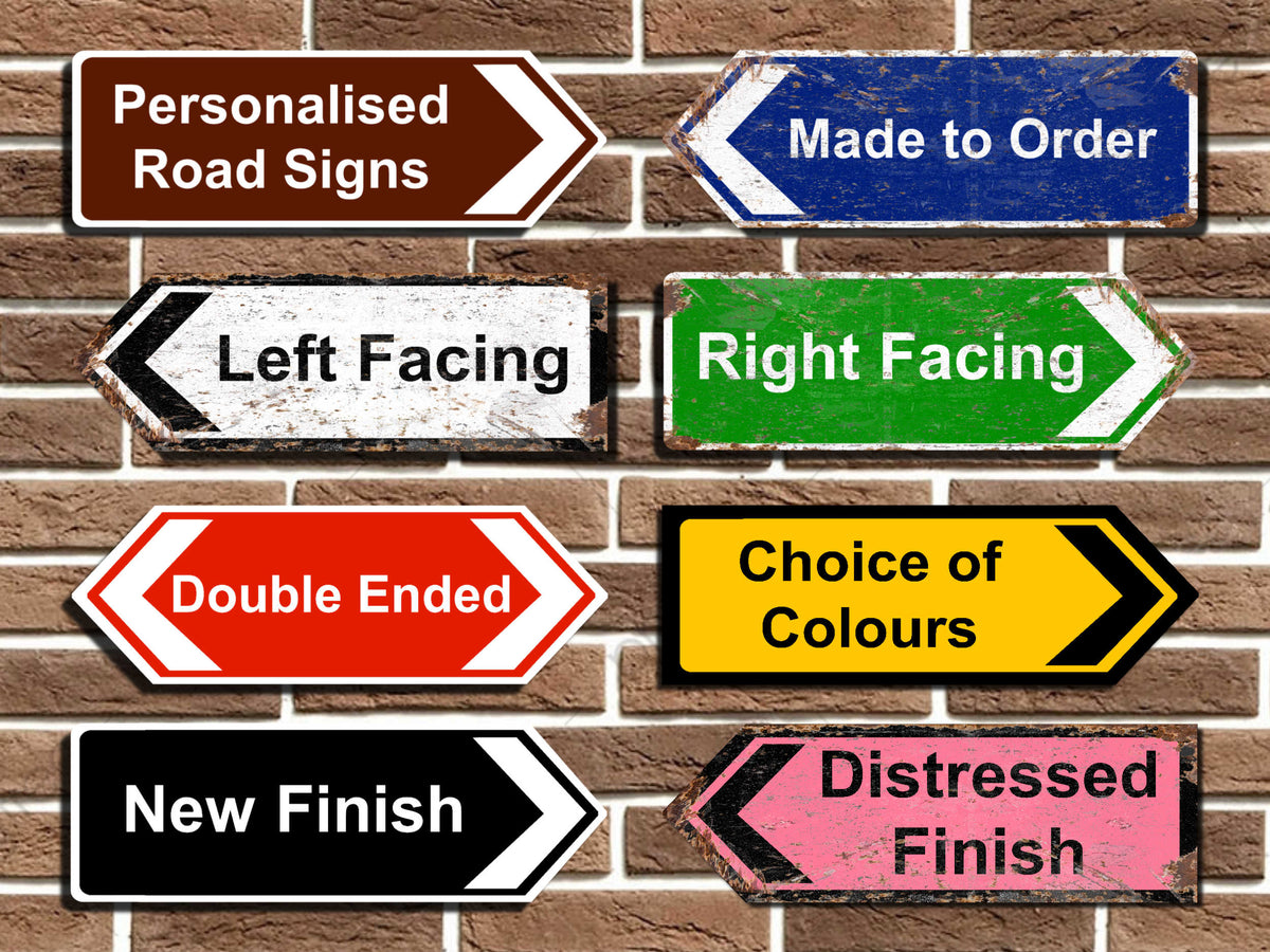 Collection of customizable road signs with various features on a brick wall background.