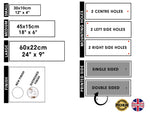 Chart detailing dimensions, mounting holes, finish options, and branding for printed materials.