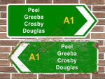 Isle of Man Peel/Greeba/Crosby/Douglas Metal Road Sign