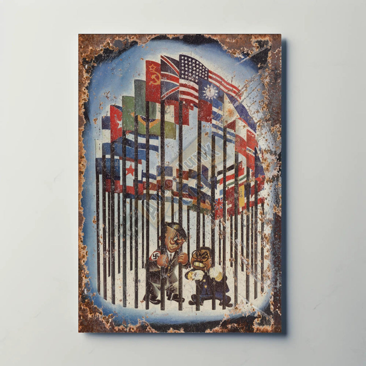 Hitler and Emperor Hirohito Behind Bars Metal Sign