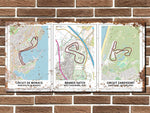 Three vintage-style maps of different circuits on a brick wall background