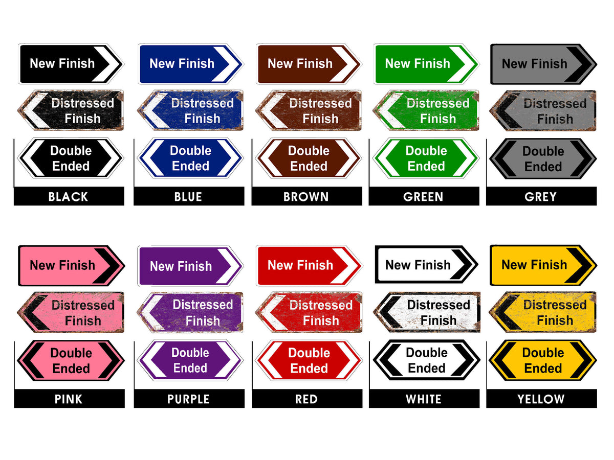 Set of color swatches labeled with finishes and directions on a white background
