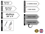 Chart detailing dimensions, mounting holes, finish options, and branding for printed materials.