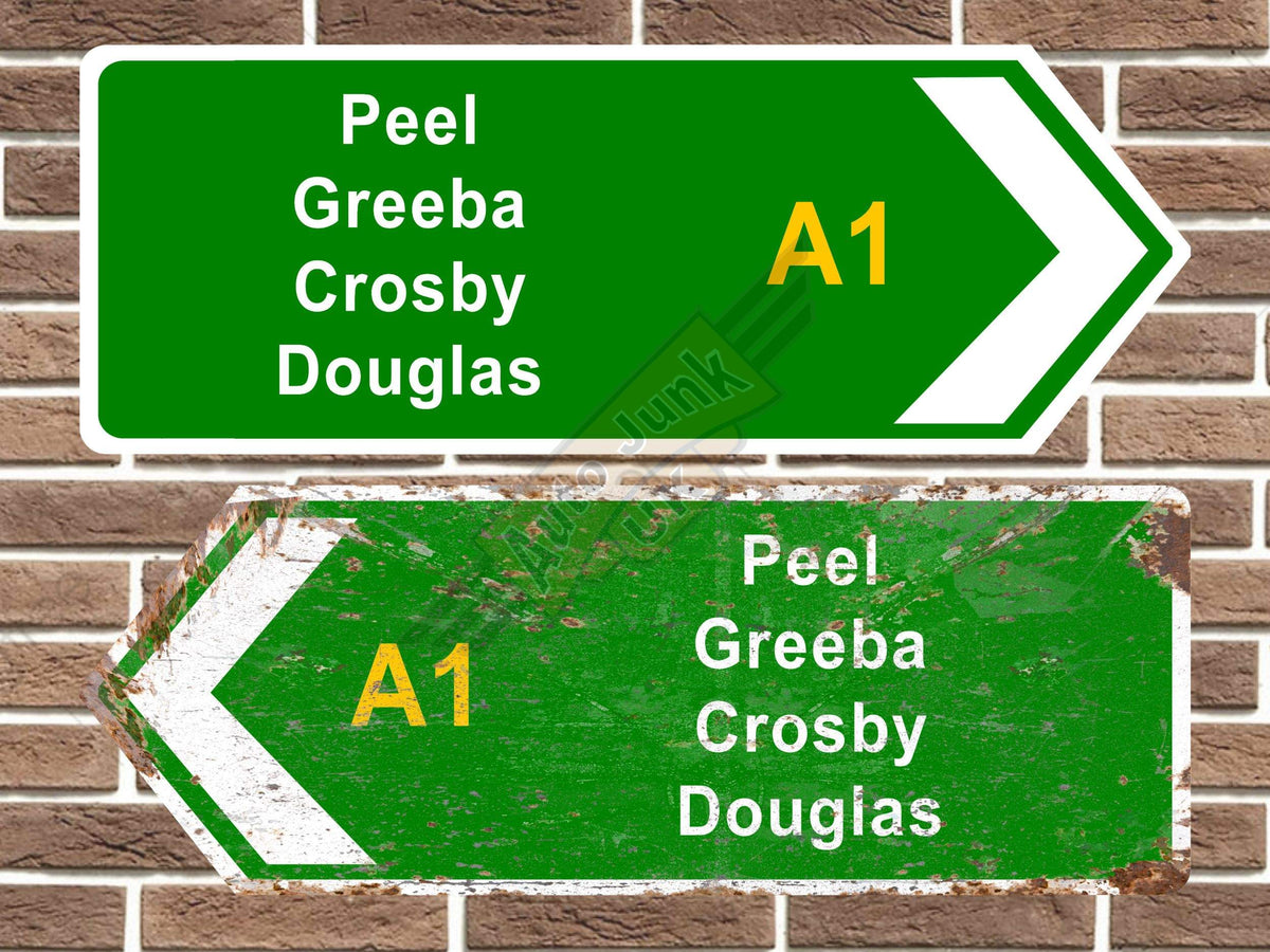 Isle of Man Peel/Greeba/Crosby/Douglas Metal Road Sign