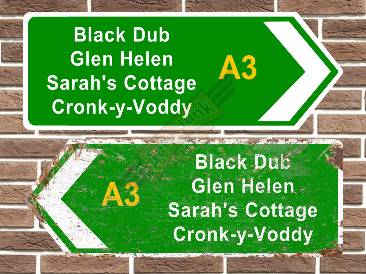 Isle of Man Black Dub/Glen Helen/Sarah's Cottage/Cronk-y-Voddy Metal Road Sign